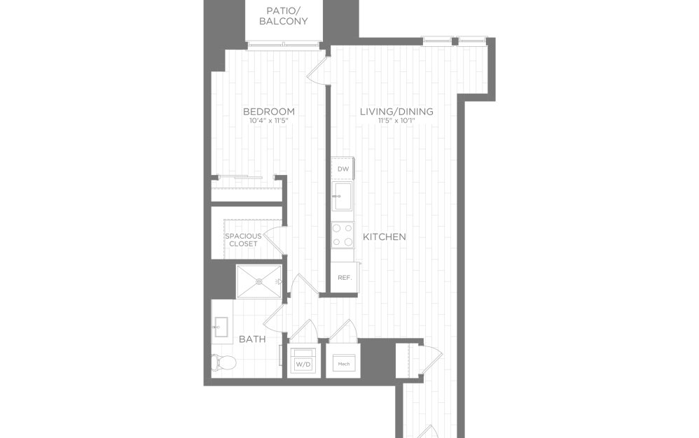 2D floor plan of a one bedroom apartment ome