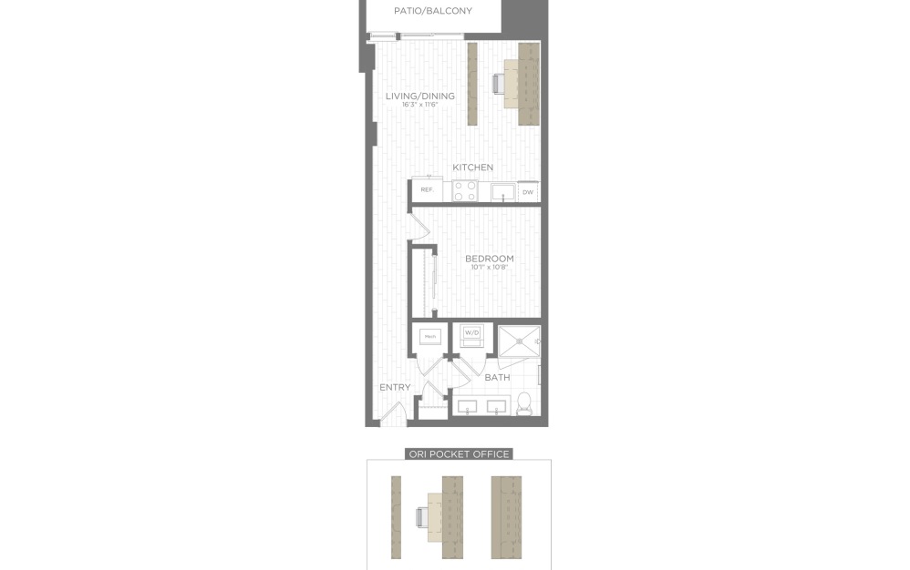 A10 - 1 bedroom floorplan layout with 1 bathroom and 564 - 622 square feet (3D)