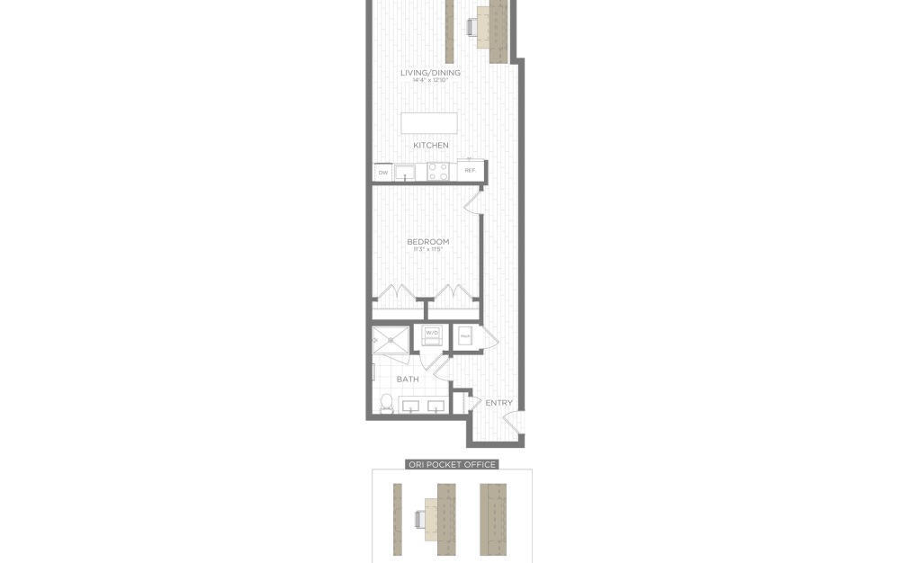 A13 - 1 bedroom floorplan layout with 1 bathroom and 684 square feet (3D)