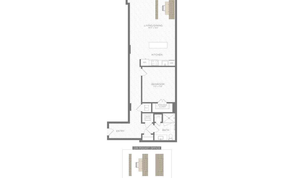 A14 - 1 bedroom floorplan layout with 1 bathroom and 781 square feet (3D)