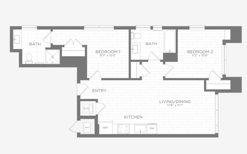 B1 - 2 bedroom floorplan layout with 2 bathrooms and 774 square feet