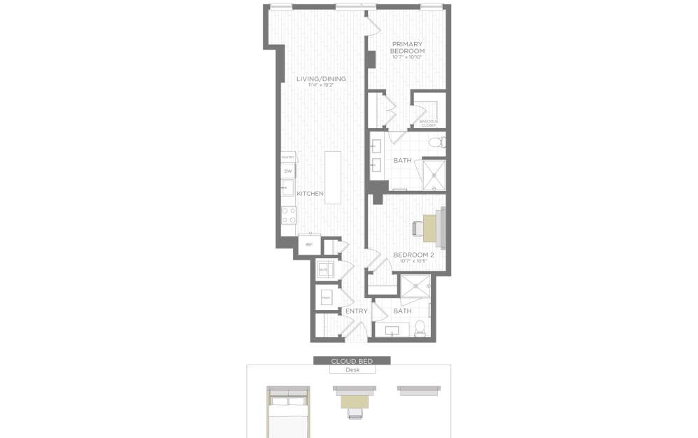 B21 - 2 bedroom floorplan layout with 2 bathrooms and 903 square feet (3D)