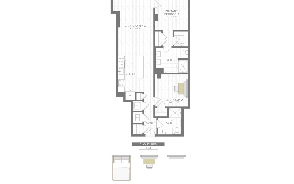 B21 - 2 bedroom floorplan layout with 2 bathrooms and 903 square feet (3D)