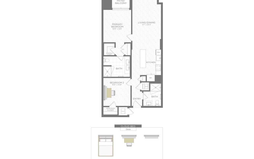 B22 - 2 bedroom floorplan layout with 2 bathrooms and 876 - 917 square feet (3D)