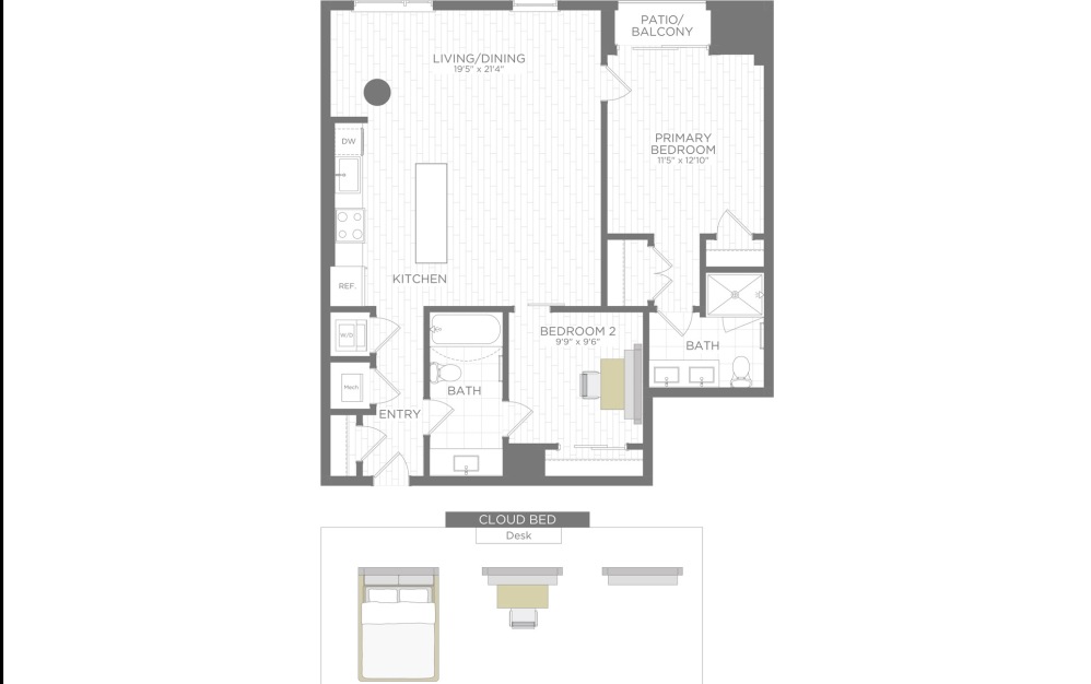 B23 - 2 bedroom floorplan layout with 2 bathrooms and 906 square feet (3D)