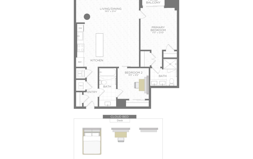 B23 - 2 bedroom floorplan layout with 2 bathrooms and 906 square feet (3D)