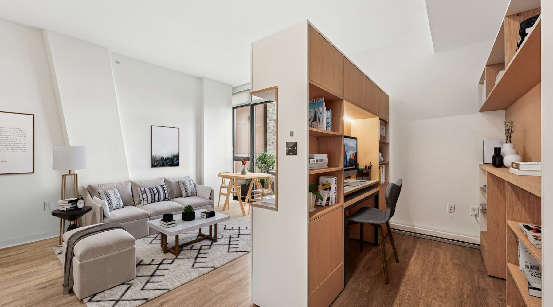 ORI Expandable Desk expandable desk area in living room with couch