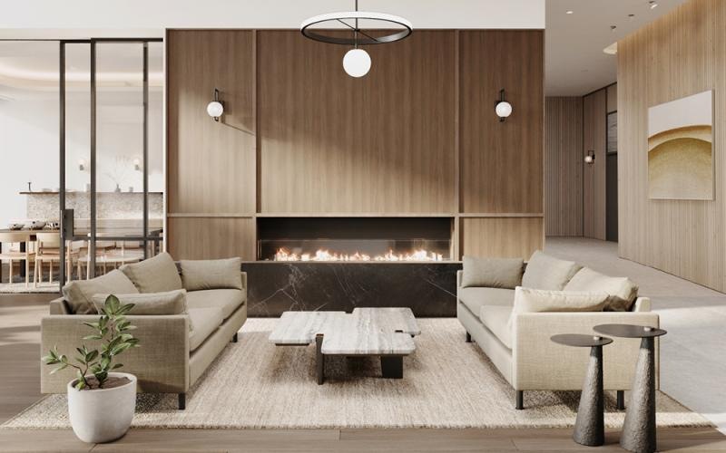 a living room with a fireplace