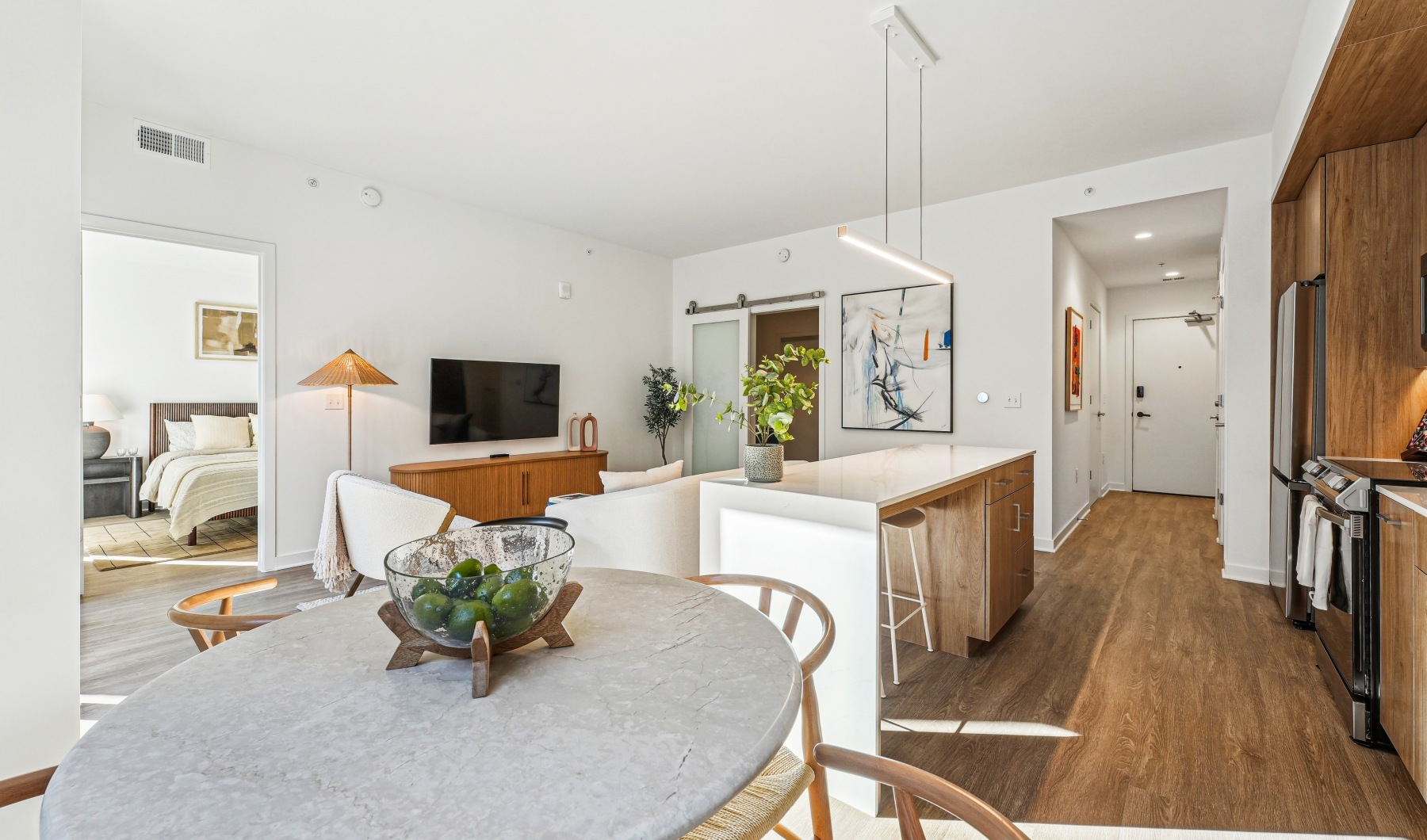 Kitchen with dining room, living room and open to the bedroom